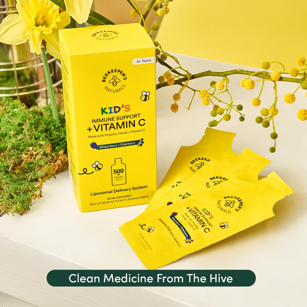 Beekeeper's Naturals Kid's Immune ingredients label highlights core nutrients.