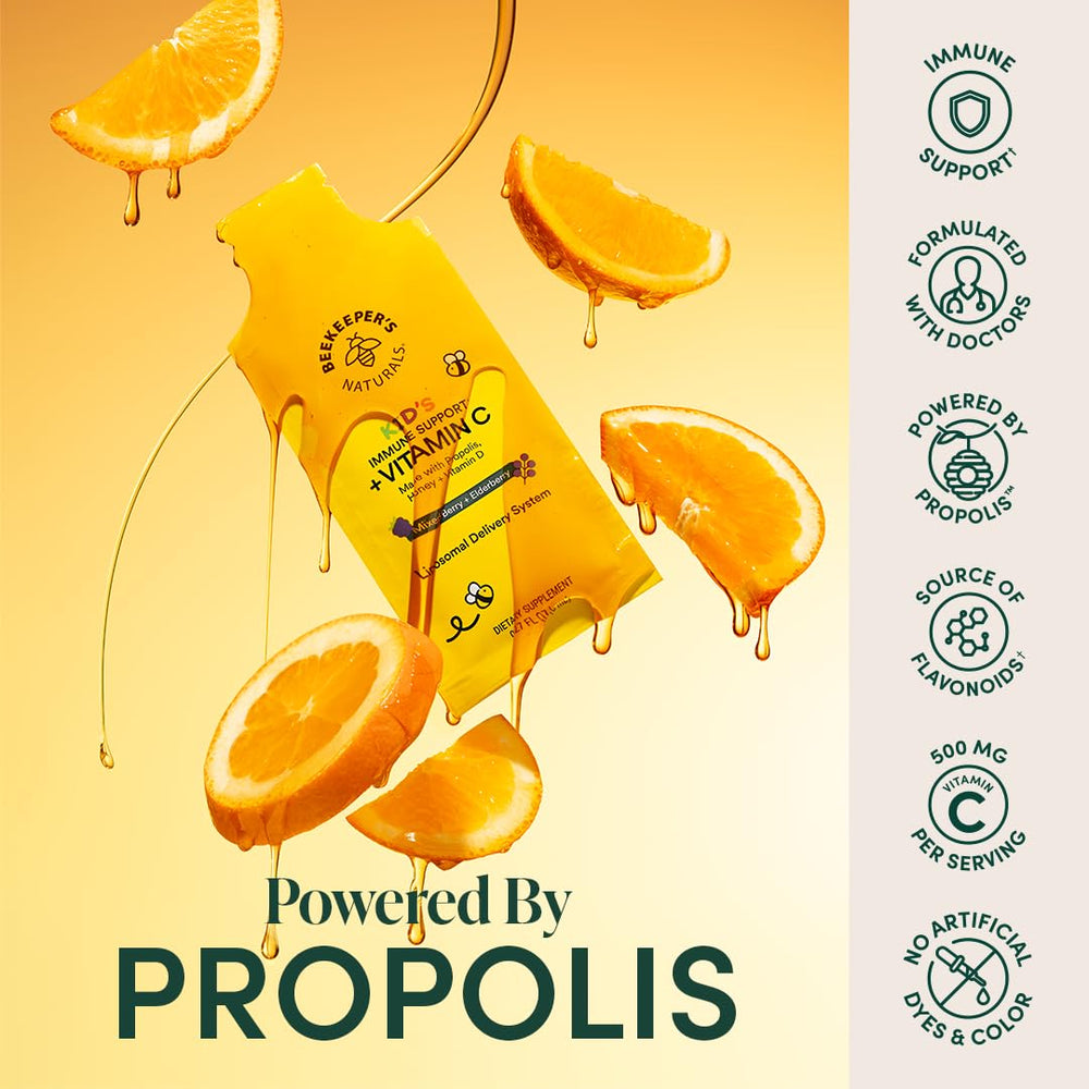 Beekeeper's Naturals Kid's Immune liposomal vitamin C sachets ready to squeeze into drinks.