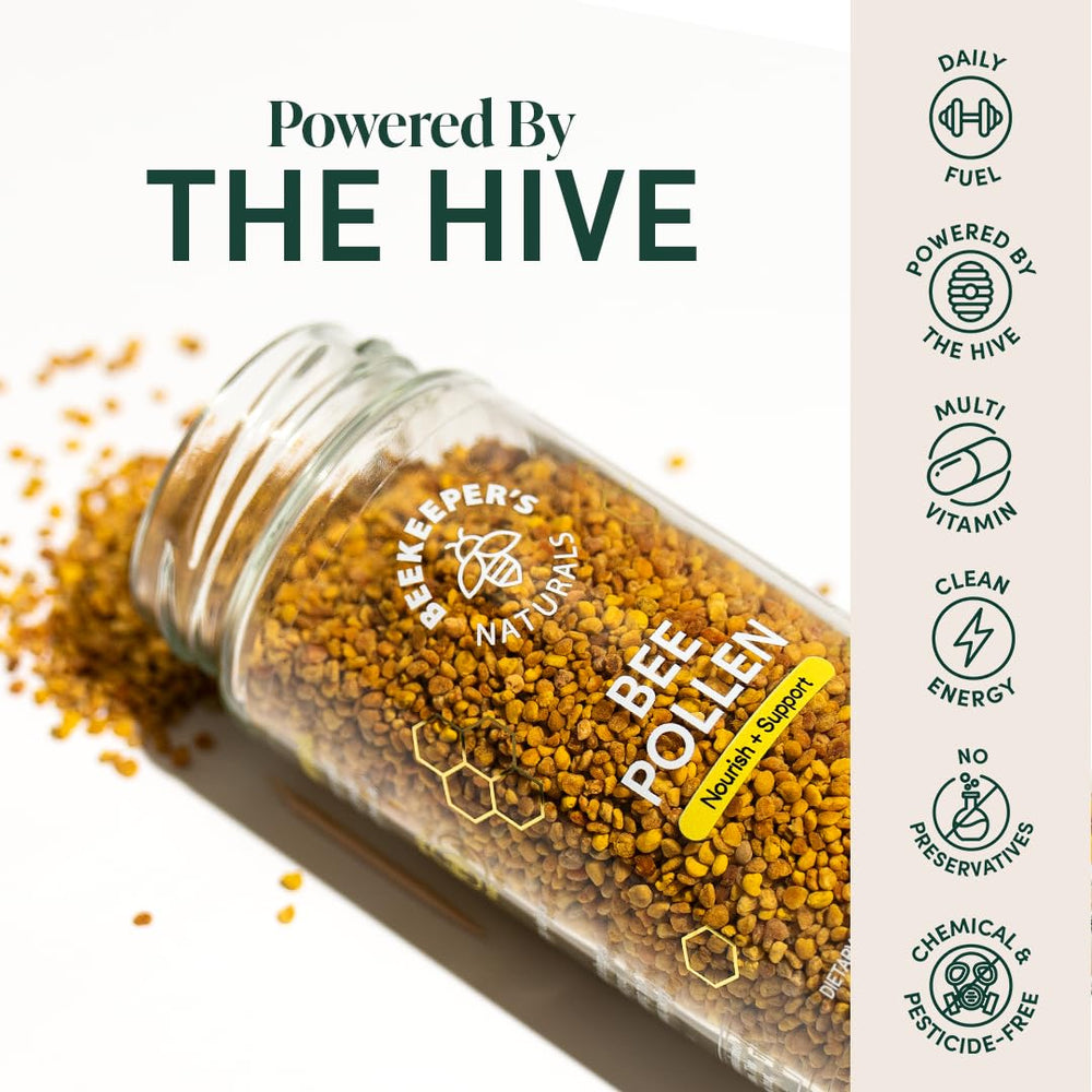 Beekeeper's Naturals pollen granules—closeup reveals raw nutrients for daily nourishment