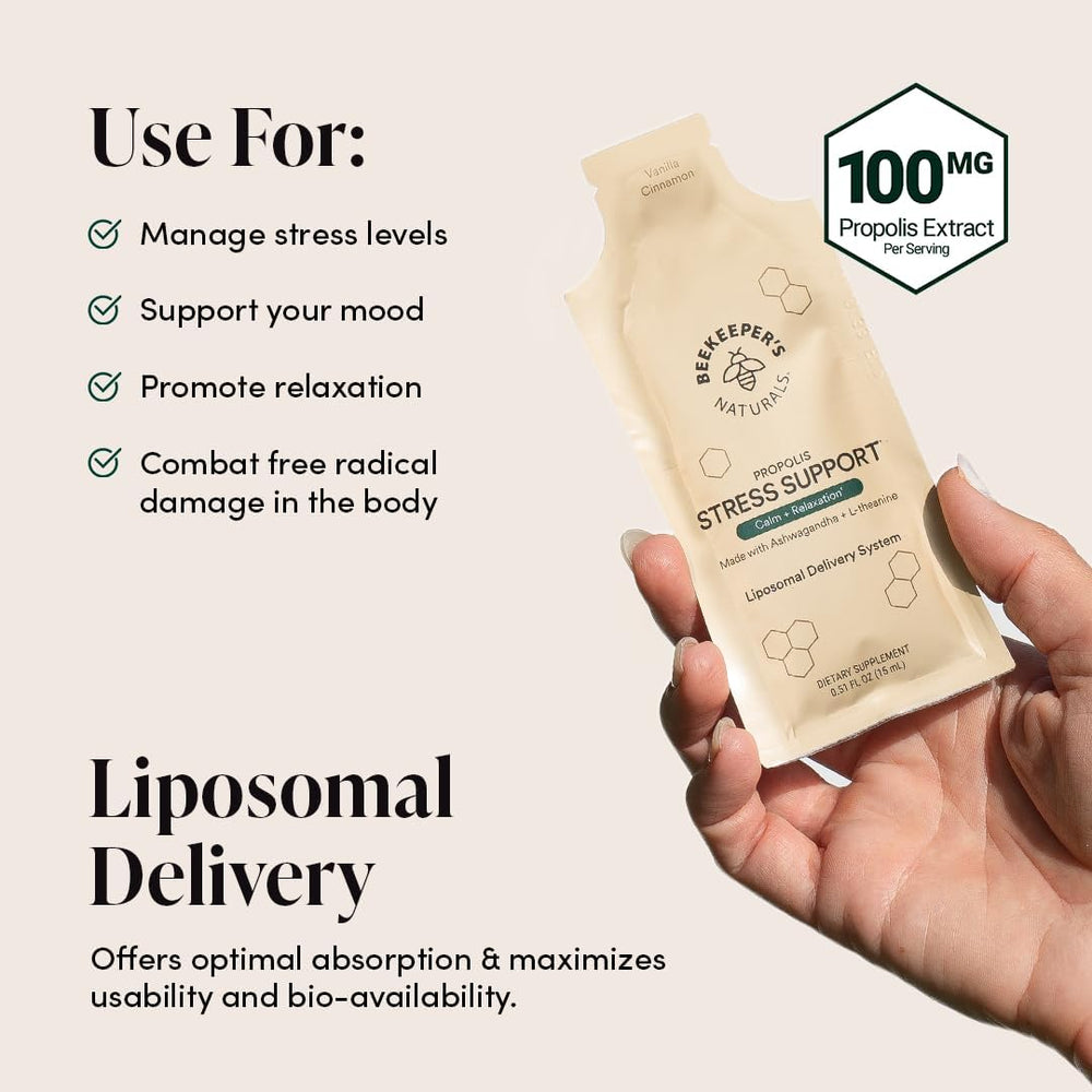 Beekeeper's Naturals propolis and L-Theanine packets for daily stress support
