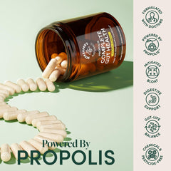 Beekeeper’s Naturals Propolis-powered gut health bottle highlights propolis blend.
