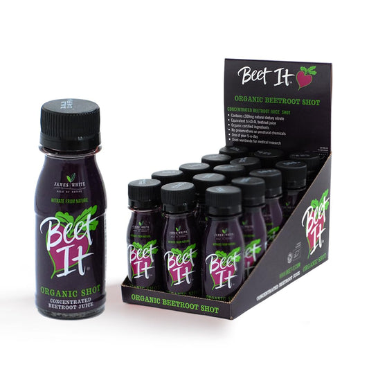 BEET IT Circulation shot bottle with label shows organic beet ingredients for natural support.