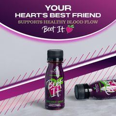 BEET IT bottle close-up shows 2.4 fl oz serving for easy portion control.