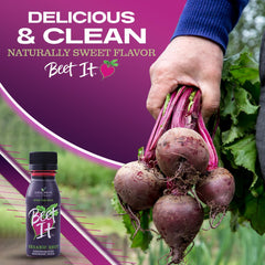 BEET IT organic beet juice ingredients panel emphasizing 98% beet juice.