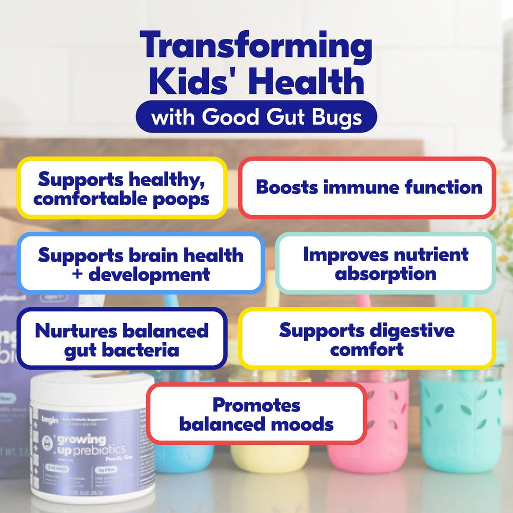 Begin Health Growing Up Prebiotics 28-pack box emphasizes daily convenience.