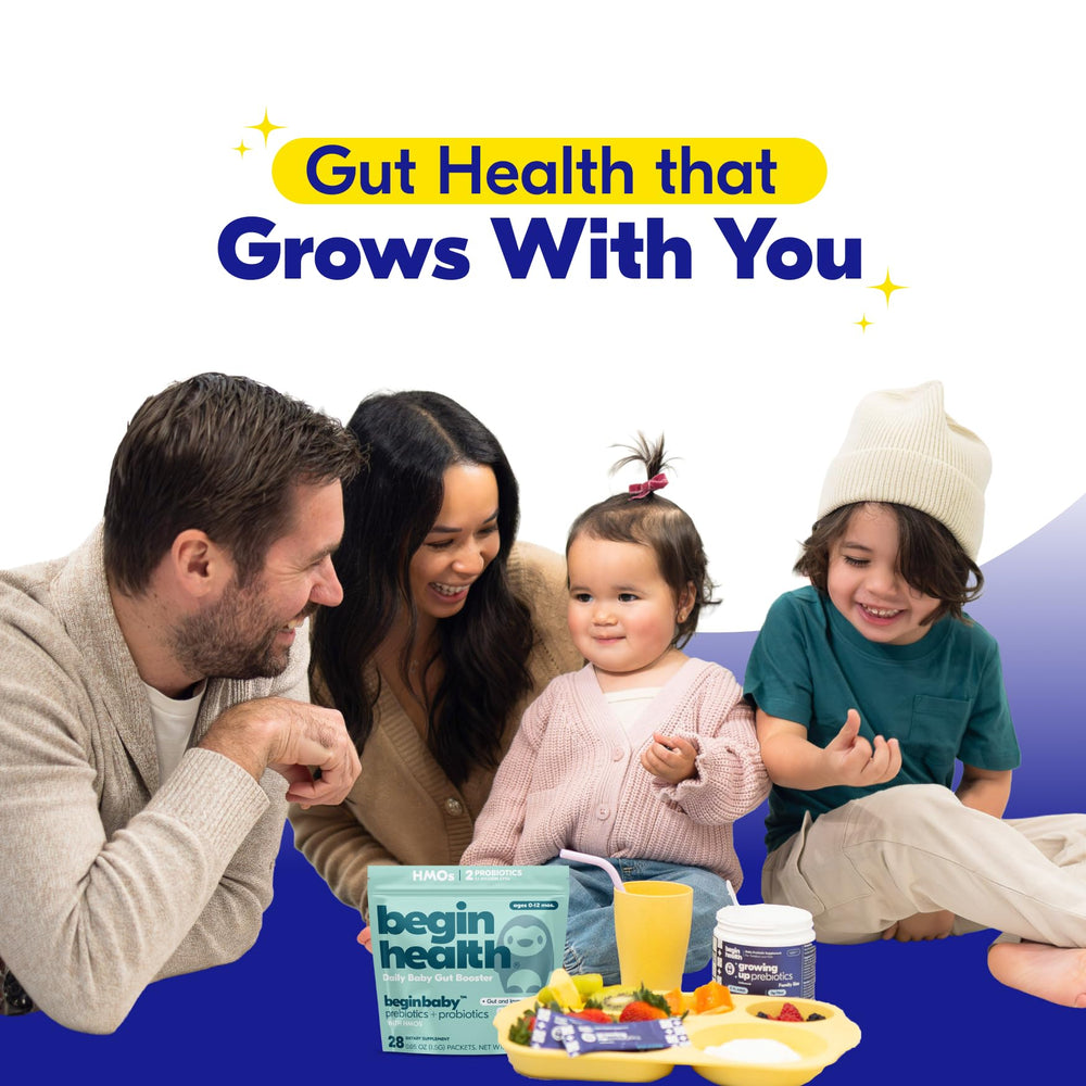 Begin Health Growing Up Prebiotics pediatrician-approved label signals trusted daily use