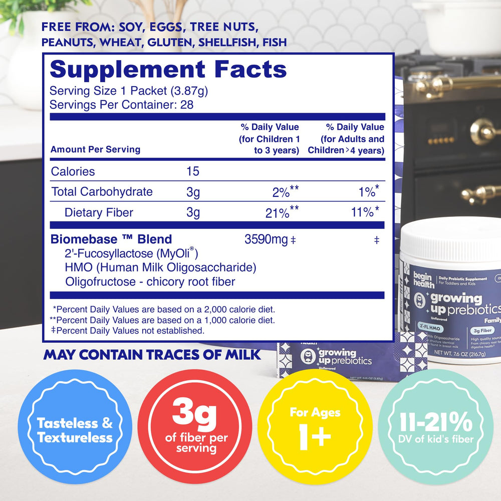 Begin Health Growing Up Prebiotics powder-dispense shown blending into drinks