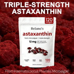 Belano's Astaxanthin softgels closeup of the label highlights natural Haematococcus pluvialis origin.