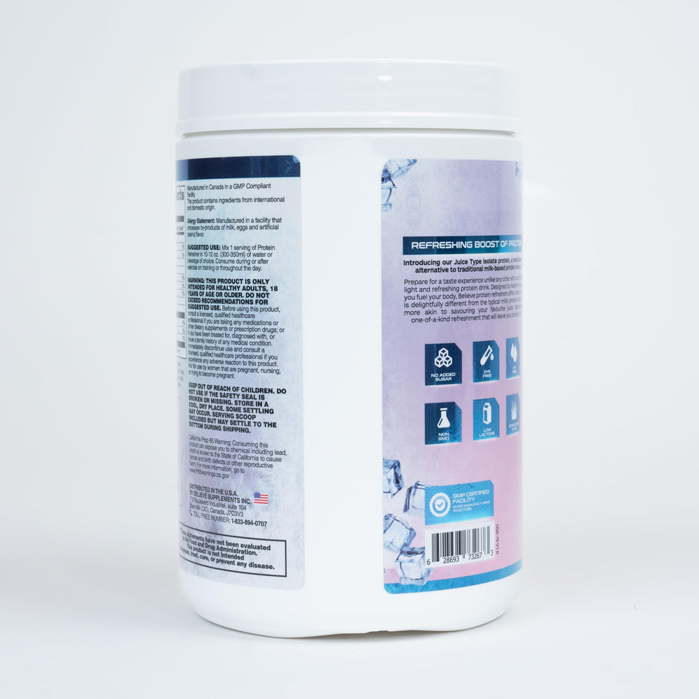 Believe Supplements Protein Refresher mockup with athletes demonstrates practical training support.