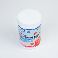 Believe Supplements Protein Refresher bottle on a gym bench signals convenient recovery aid.