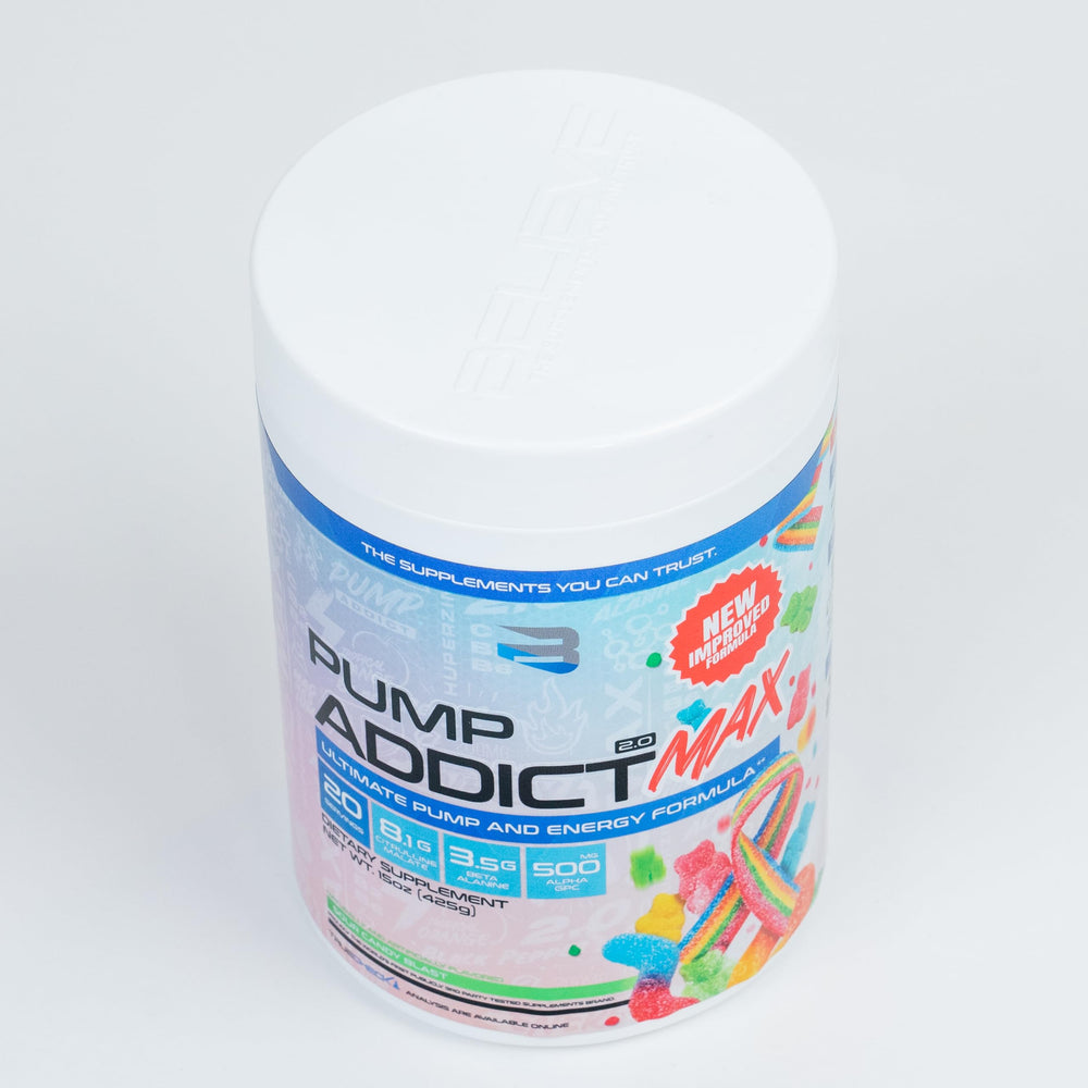 Believe Supplements Pump Addict Max flavor-sour-candy-blast delivers a tasty pre-workout ritual