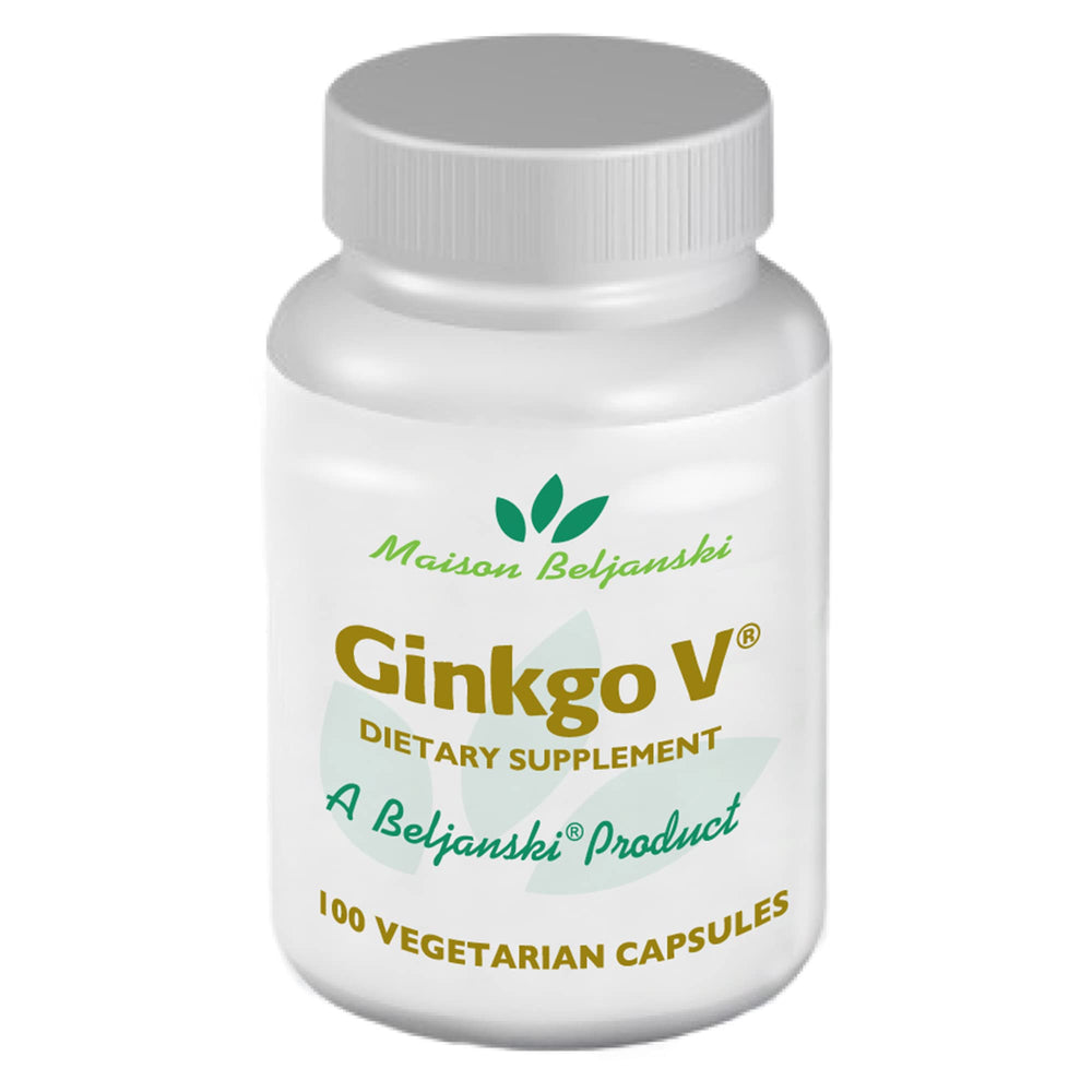 Beljanski Ginkgo V bottle with capsules illustrating a vegetarian, gluten-free supplement option.