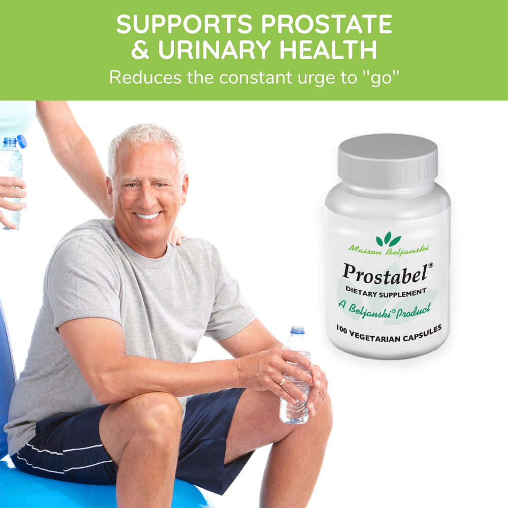 Close-up of Prostabel capsules emphasizing vegetarian, gluten-free supplement
