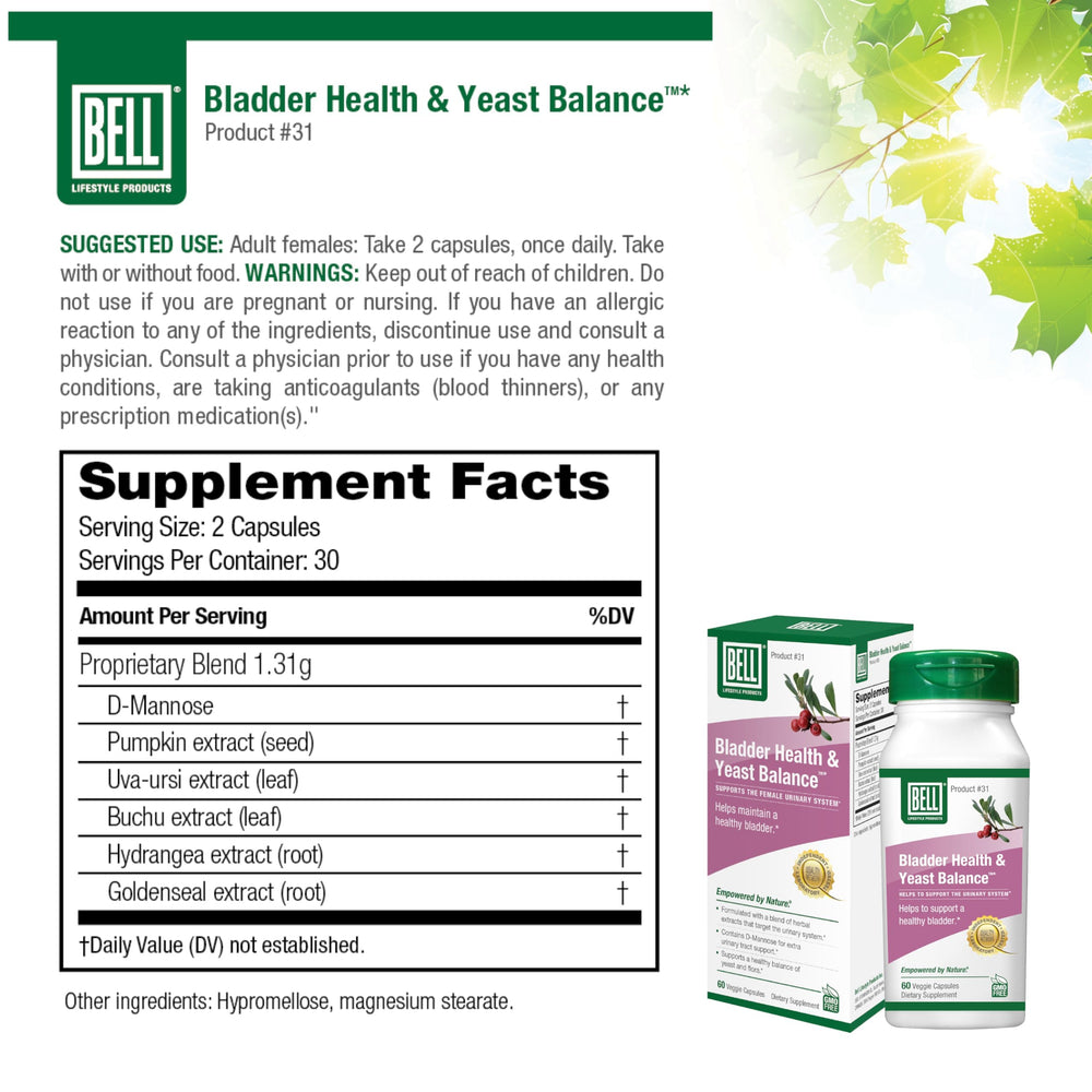 Bell Bladder Health & Yeast Balance capsules ready for a daily routine.