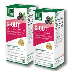 Bell G-Out Uric Acid Cleanse bottle pour showing daily dosing in a clear glass
