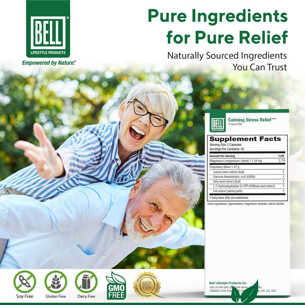 Bell Lifestyle Calming Stress Blend label highlights natural ingredients for mood comfort