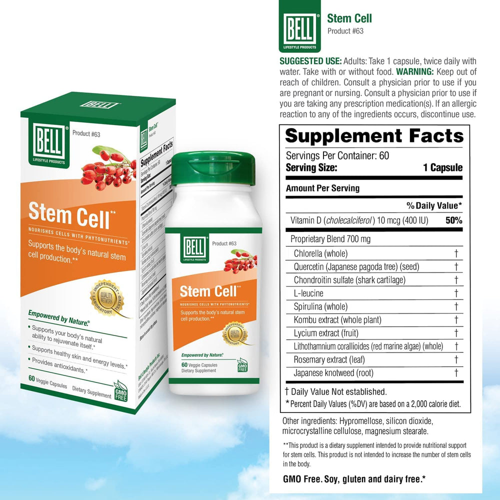 Bell Stem Cell Supplements natural algae ingredients including konbu extract on label.