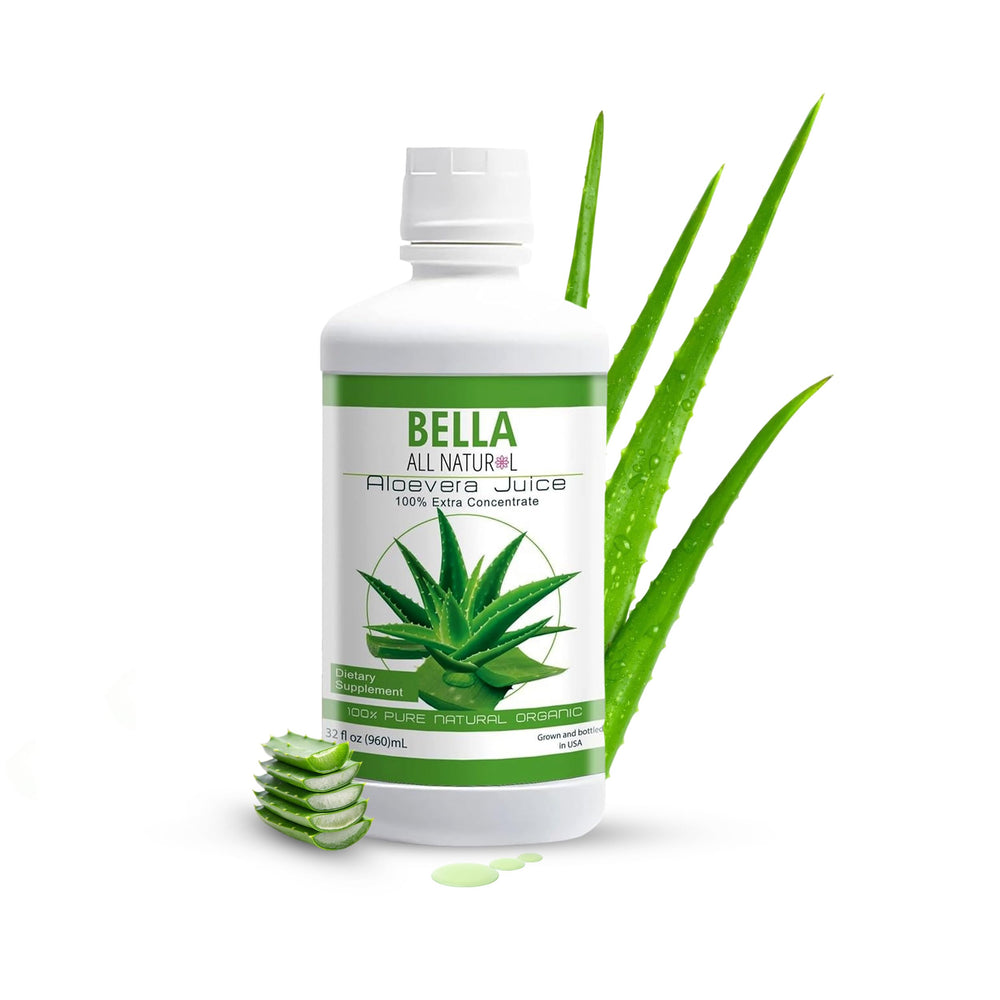 Bella All Natural Aloe Vera Juice bottle front for daily hydration and skin nourishment.