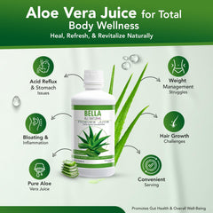 Bella All Natural Aloe Vera Juice glass with ice suggests refreshing hydration and easy mixing.