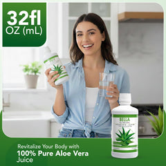 Bella All Natural Aloe Vera Juice liquid closeup shows clear, pure liquid ideal for daily use.