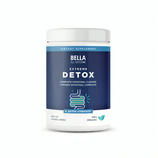 Bella All Natural Extreme Detox Powder bottle close-up highlighting unflavored formula for gut health.