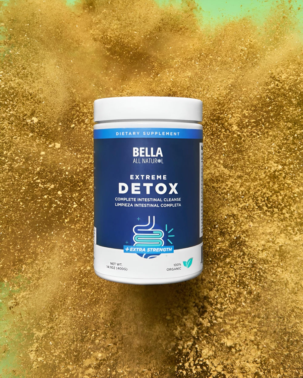 Bella All Natural Extreme Detox Powder scoop and bottle alongside natural ingredients theme.