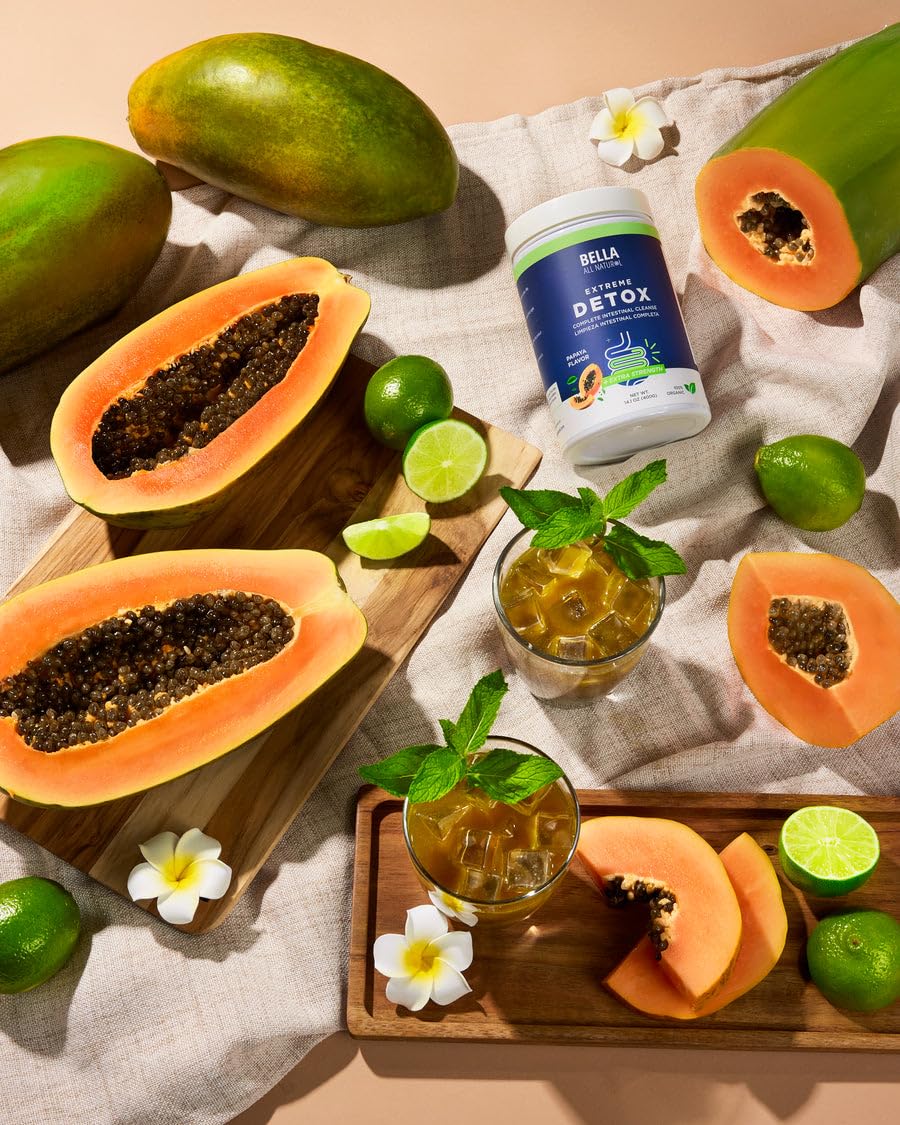 Bella All Natural Extreme Detox Powder Papaya ingredients blend close-up.