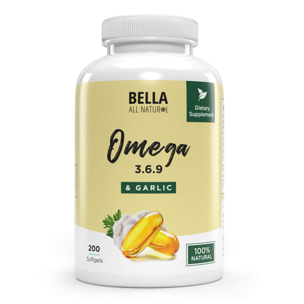 Bella All Natural Omega-3-6-9 softgels with garlic oil for daily nutrition