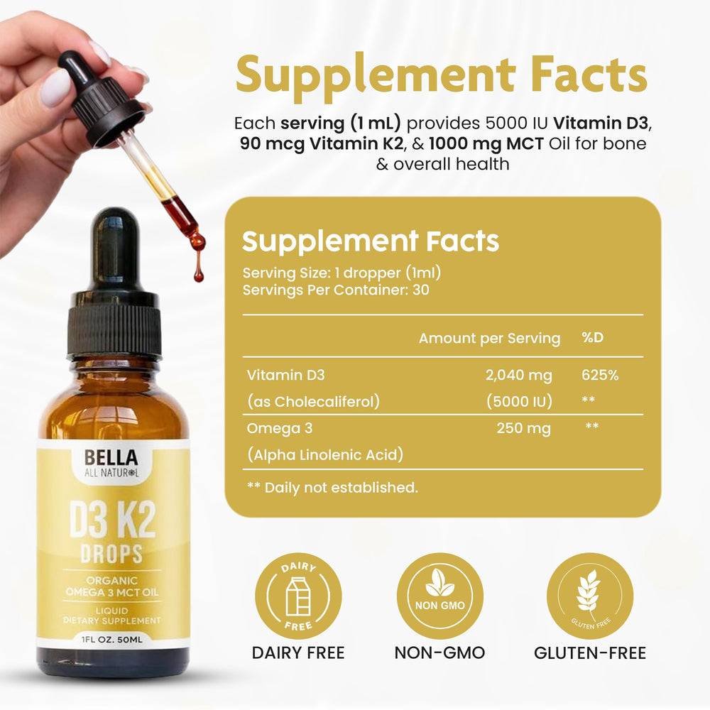 Dropper of Bella All Natural D3 K2 liquid drops for easy dosing.