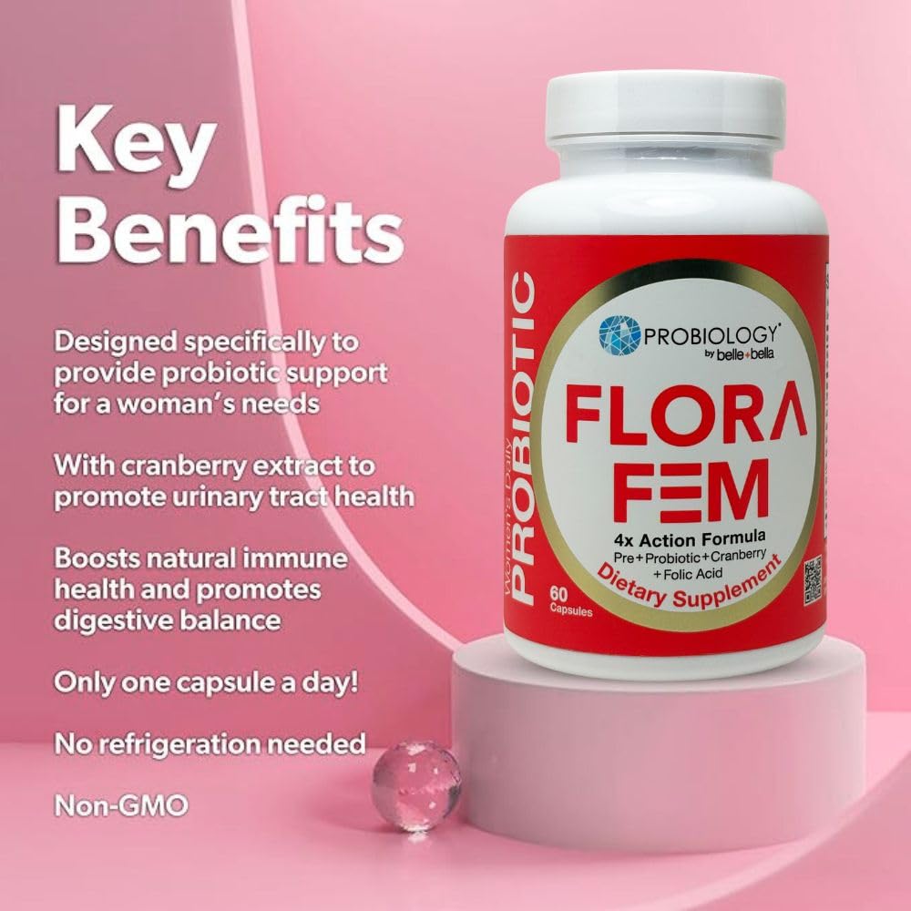 belle+bella probiology flora fem bottle illustrating probiotic strains for balance.