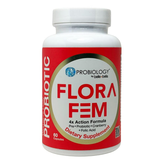 belle+bella probiology flora fem bottle for daily women's probiotic routine.