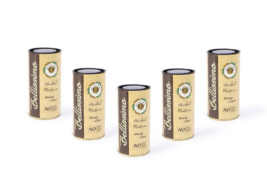 Bellissimo herbal smoke mix packaging in a 5oz tin for nicotine-free sessions