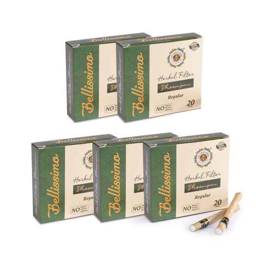 Bellissimo regular herbal smoke in tendu leaf pack, convenient and tobacco-free option.