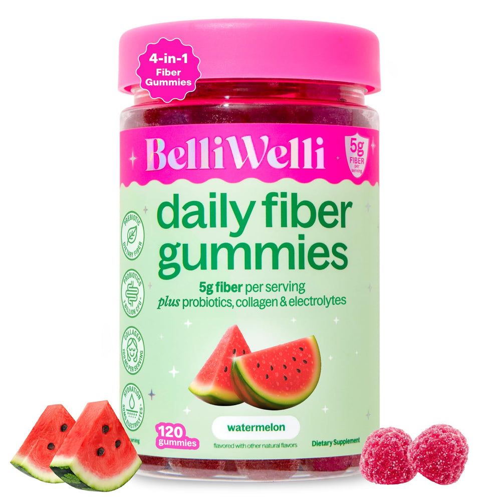 Belli Welli Fiber 4-in-1 gummies Watermelon tub shows convenient daily gut support