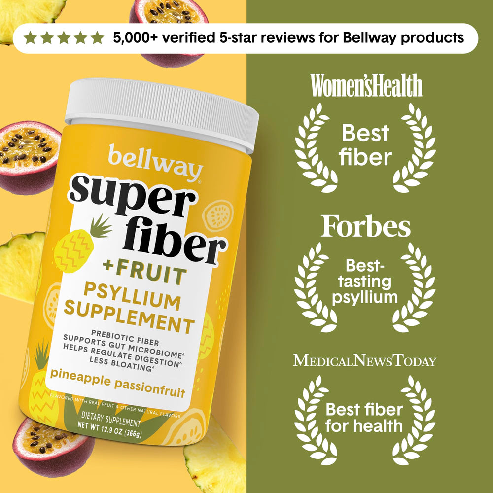 Bellway bottle label highlights plant-based organic psyllium husk and sugar-free flavor for digestive ease.