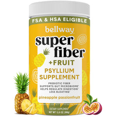 Bellway Super Fiber Powder Fruit scoop shows 5 g fiber per serving for daily regularity.