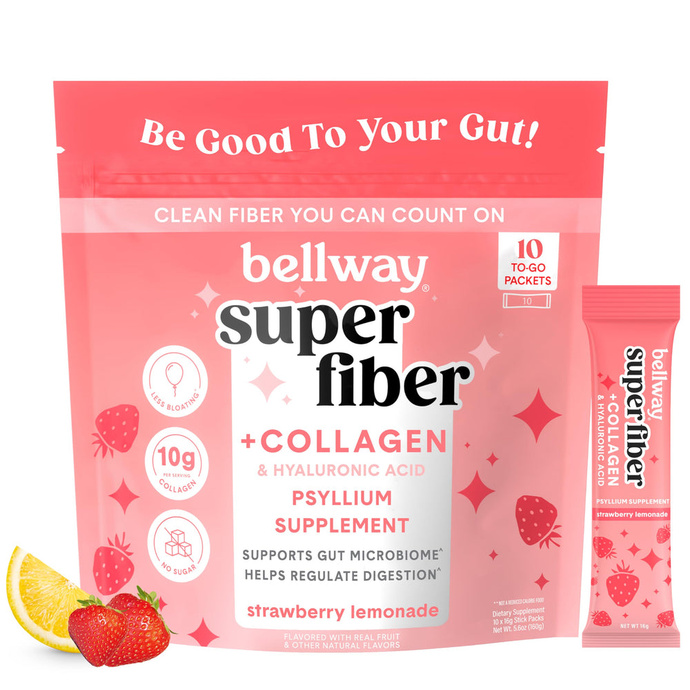 Bellway front-pack with collagen-infused fiber suggests gut health support.