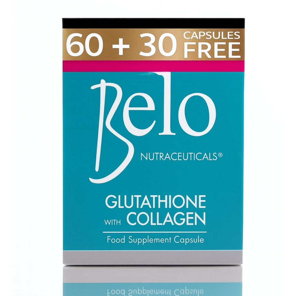 Belo Nutraceuticals Glutathione Collagen capsules bottle showing product and skin benefits
