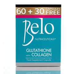 Belo Nutraceuticals Glutathione Collagen capsules bottle showing product and skin benefits