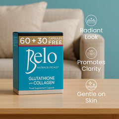 Belo Nutraceuticals Glutathione Collagen capsules label closeup with packaging details