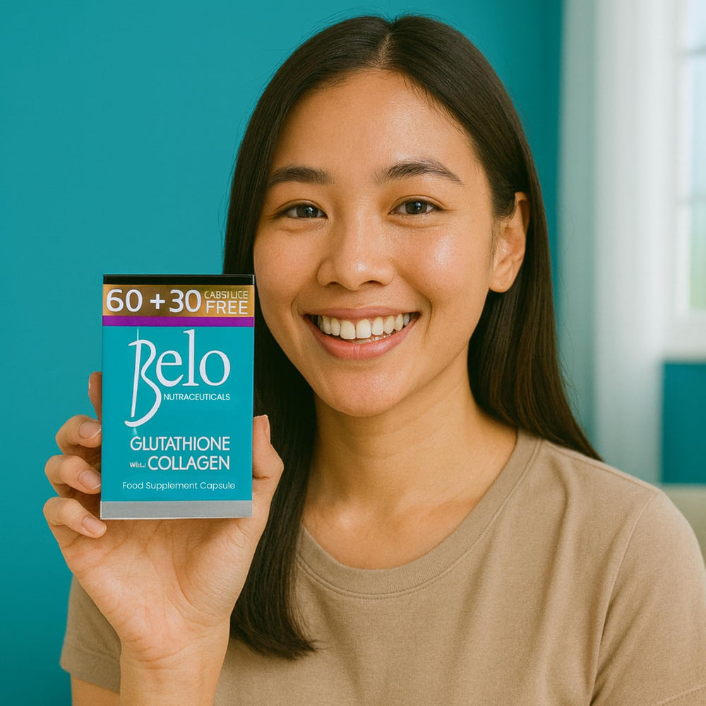 Belo Nutraceuticals Glutathione Collagen capsules side view with label details