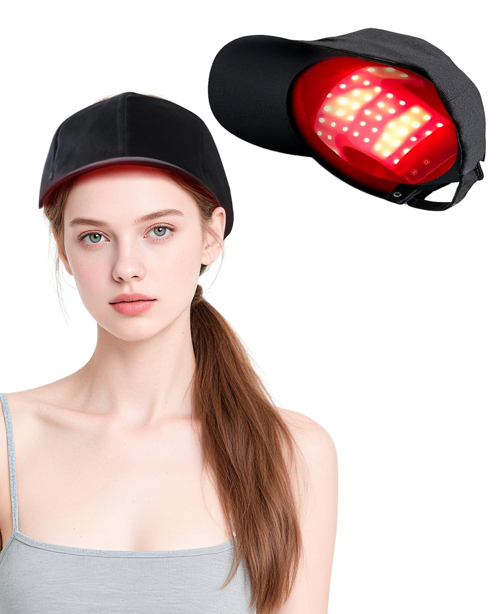 Beloving cordless scalp cap with red blue light on for relaxation at home.