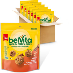 Belvita belVita Energy Snack Bites bag showing maple, cinnamon and sunflower seeds for on-the-go fuel.