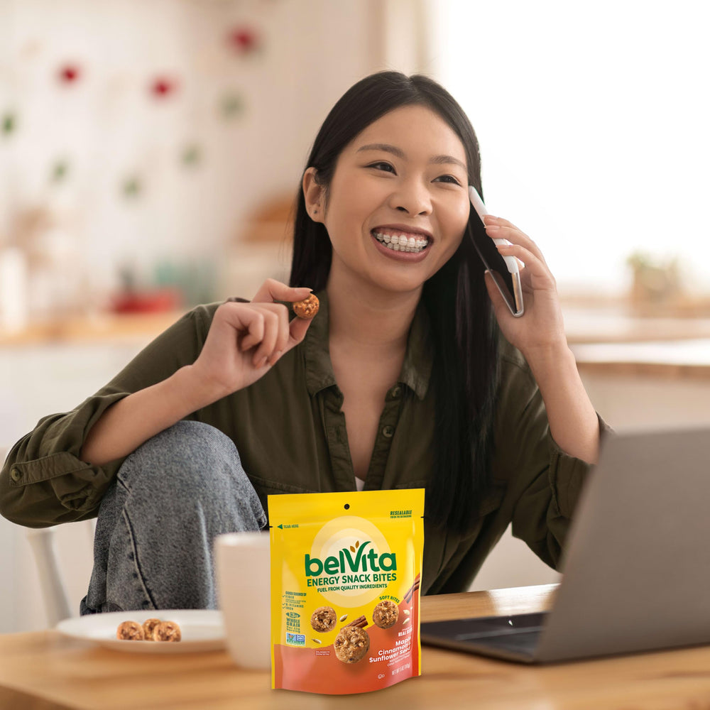 Packaging label emphasizes whole grain and fiber attributes of Belvita Bites.