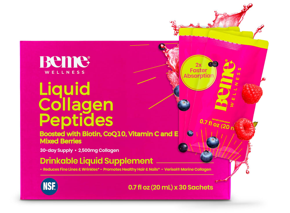 BeMe liquid collagen 2500mg bottle highlights premium marine peptides for radiant skin.