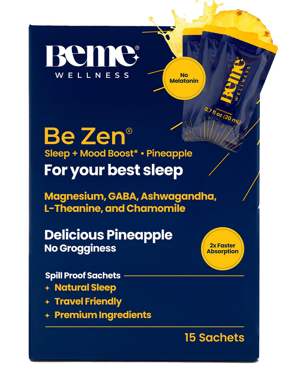 BeMe Magnesium Sleep pineapple sachet close-up for easy bedtime routine and calm