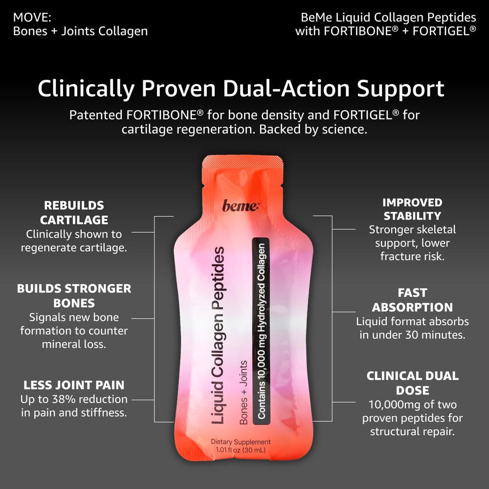 BeMe Fortibone sachets pack demonstrates portable daily supplementation on the go.