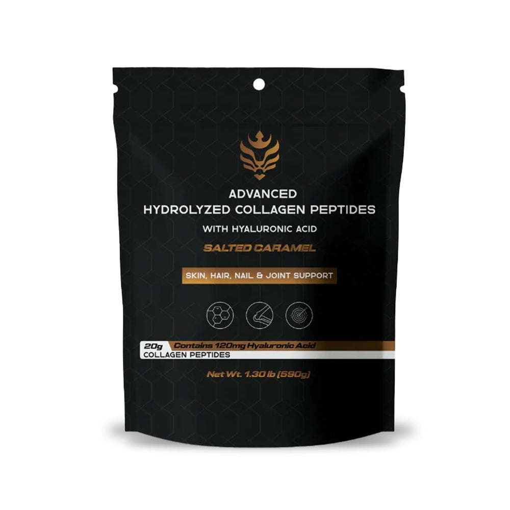 Benavidez Collagen Peptides salted caramel bottle pour supports daily skin and joint wellness