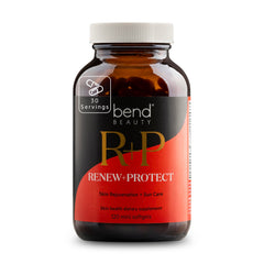Bend Renew + Protect bottle close-up showing omega rich formula for daily skin hydration