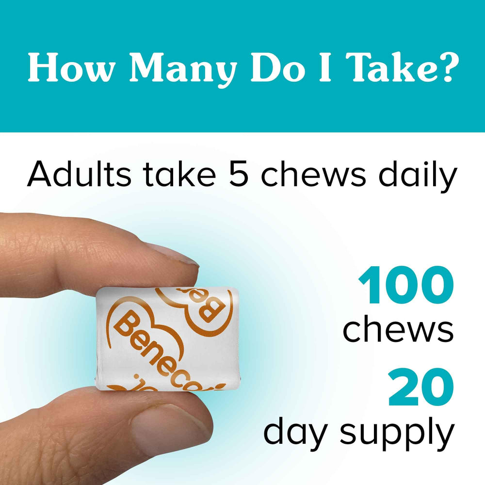 Benecol Soft Chews five-chew serving supports cholesterol management daily.